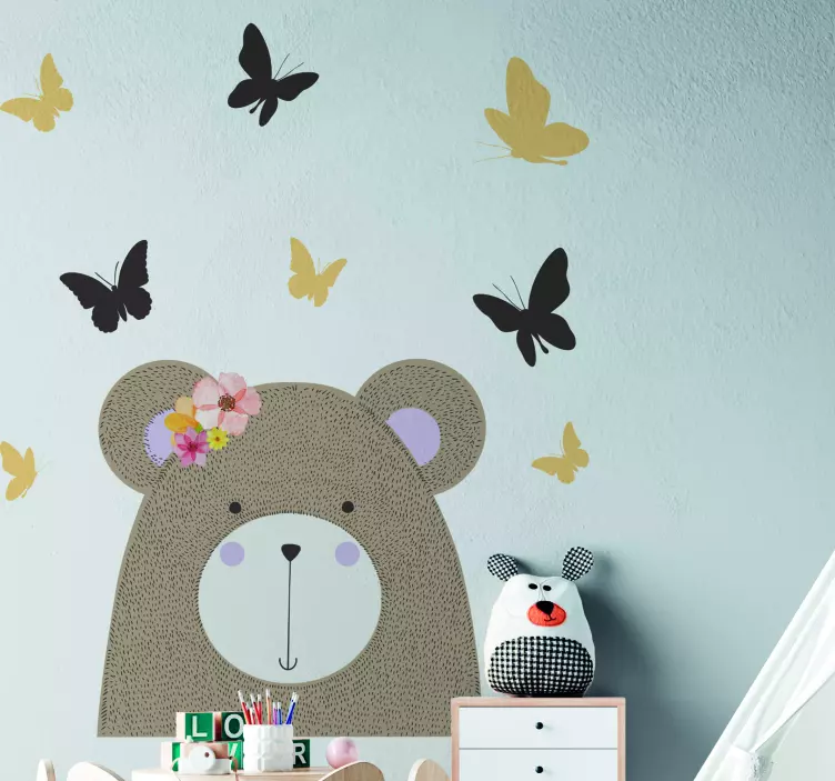 Autocolante animais urso com fita e borboleta - TenStickers