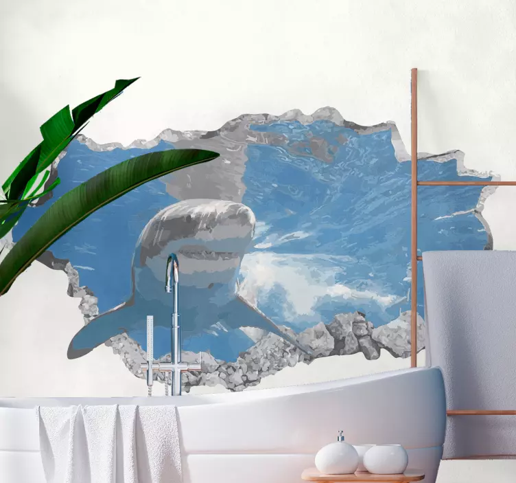 Autocolante com peixes Tubarão atravessando a parede - TenStickers