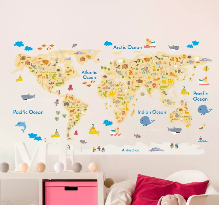 Autocolante decorativo mapa mundi fauna - TenStickers