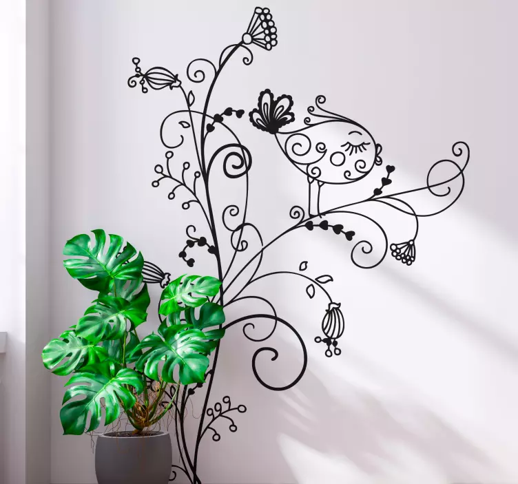 Autocolante decorativo onda floral pássaro - TenStickers