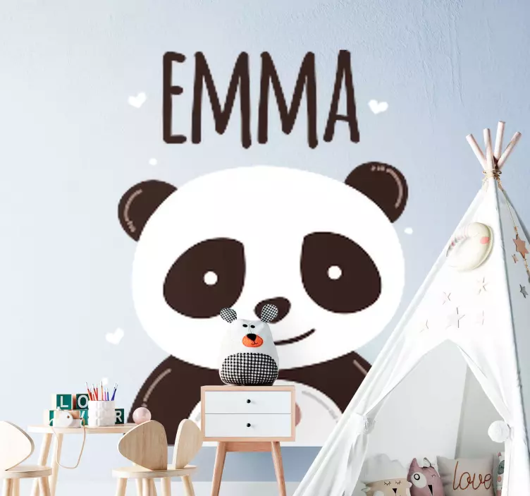 Autocolante para quarto de bebé Panda feliz com nome - TenStickers
