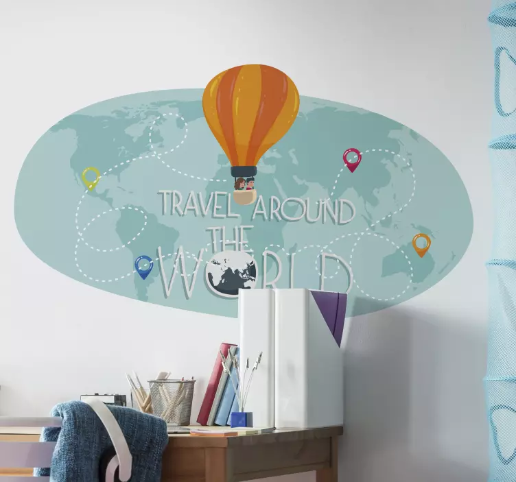 Autocolante mapa mundo infantil balão de ar quente - TenStickers