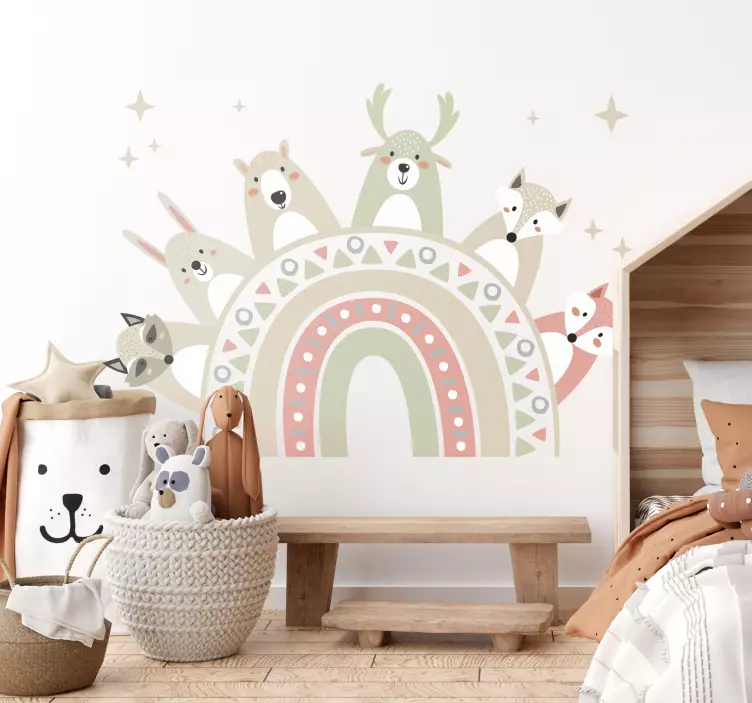 Adesivo para decoração de quarto infantil arco-íris boho com anim - TenStickers
