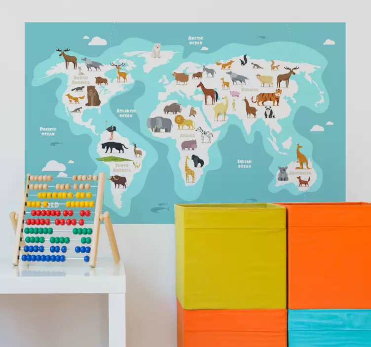 Vinil decorativo mapa mundo animal azul - TenStickers