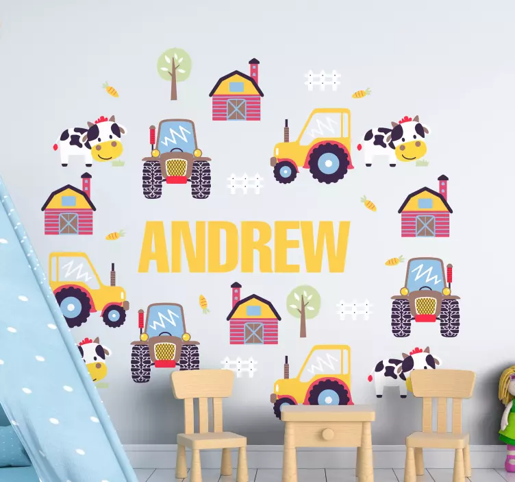 Autocolantes decorativos de brinquedos Nome cercado por tratores - TenStickers