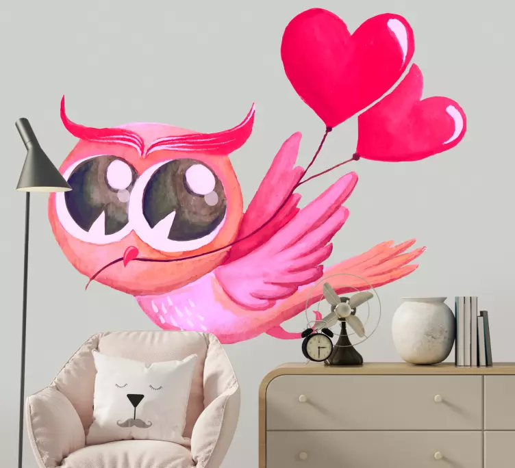 Autocolantes decorativos de pássaros e aves Coruja rosa com balão - TenStickers