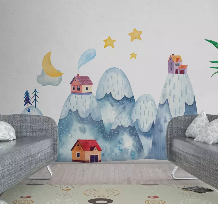 Autocolante Montanha com casas em fundo azul - TenStickers