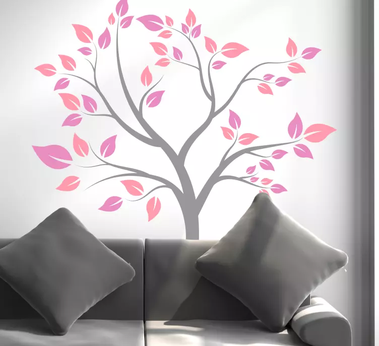 Adesivo decorativo flores árvore cinza com folhas rosa - TenStickers