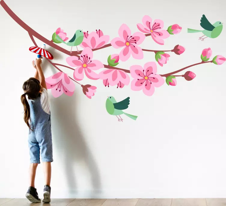 Adesivo decorativo flores árvore da primavera com pássaros verdes - TenStickers