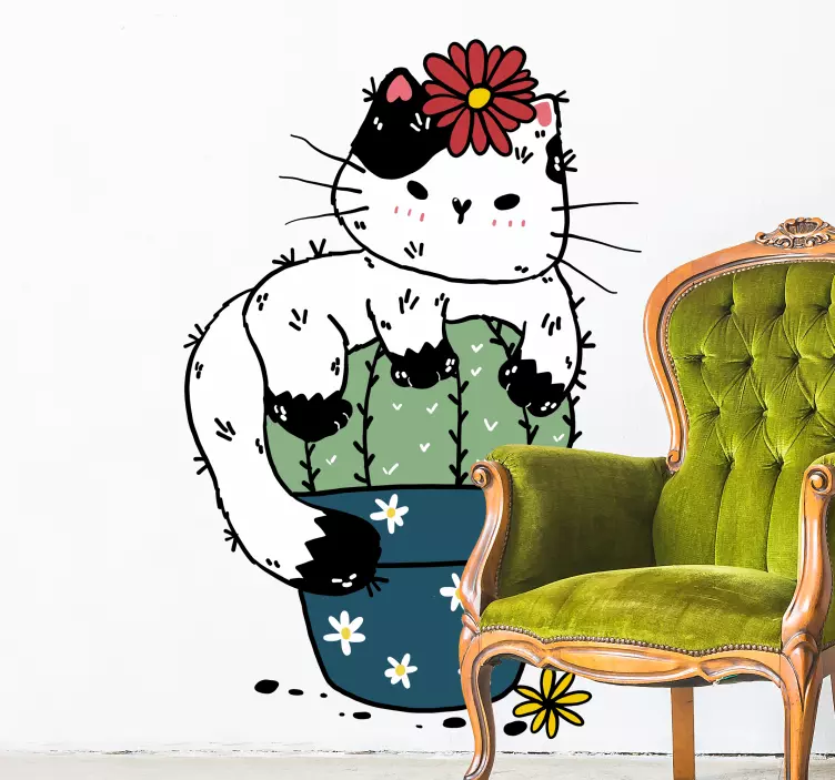 Adesivo decorativo flores Cactos e um gato - TenStickers