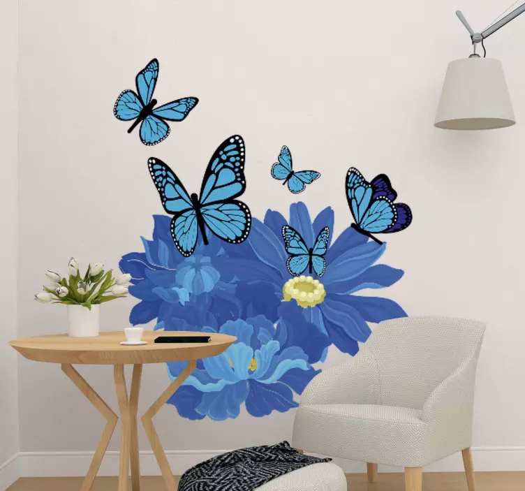 Adesivo decorativo flores Flores em aquarela azuis com borboletas - TenStickers