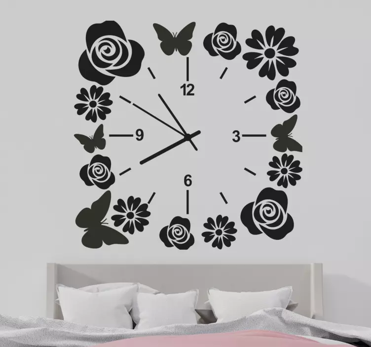Relógio com borboletas e flores relógio <b>vinil autocolante deco - TenStickers