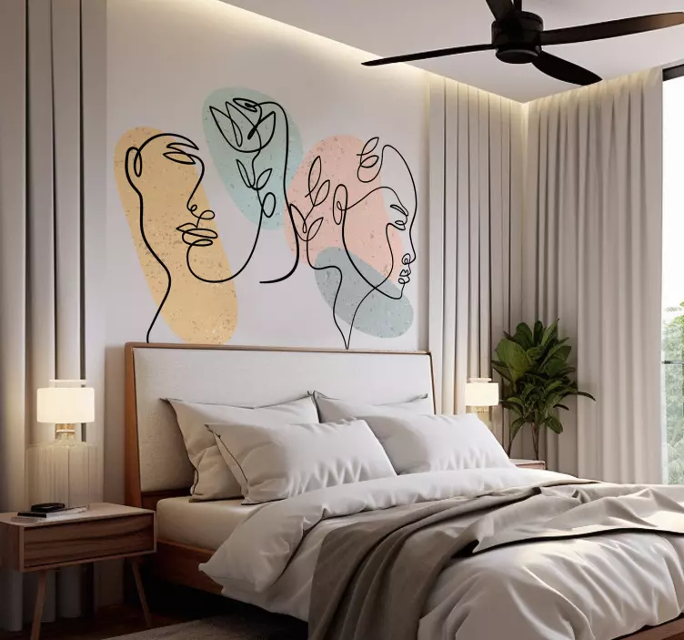 Autocolante quarto de dormir rostos de mulheres de arte de linha - TenStickers