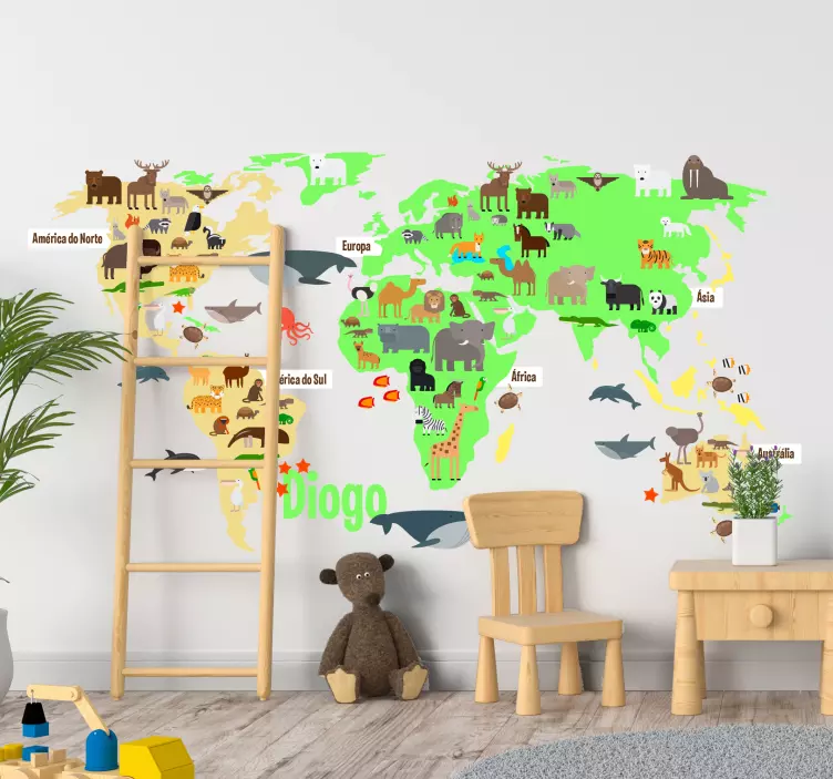 Vinil lugar Mapa Mundo Fauna personalizável - TenStickers
