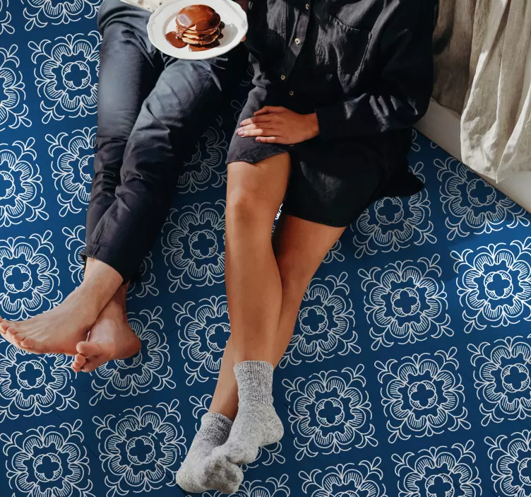 Autocolantes para chão Tapete azul mosaico padrão branco - TenStickers