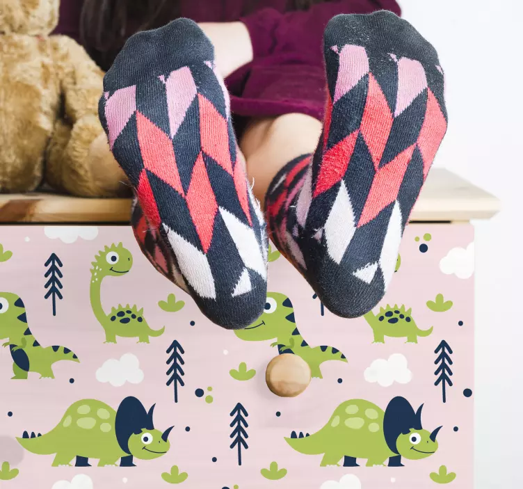 Autocolantes para móveis Dinossauros verdes em fundo rosa - TenStickers