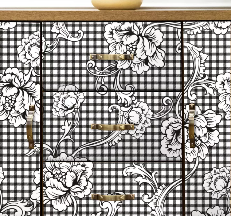 Autocolantes para móveis Padrão de guingão vintage preto e branco - TenStickers