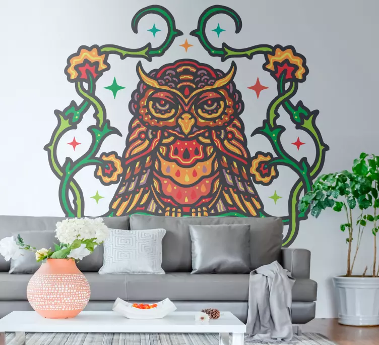 Autocolante sala de estar Mandala coruja vermelha - TenStickers