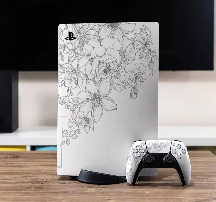 Autocolante Skin para PS5 Fundo branco com flores - TenStickers