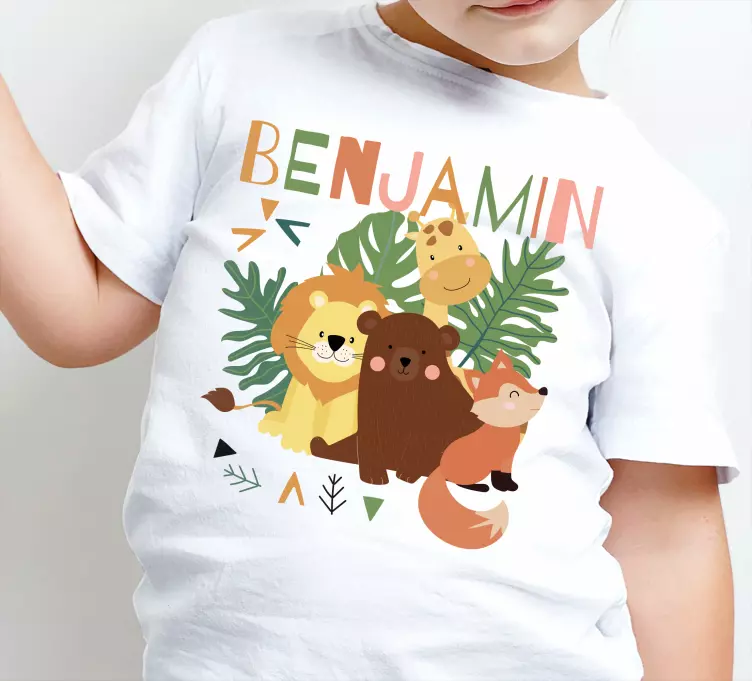 T-shirt infantil fofos animais selvagens com folhas - TenStickers
