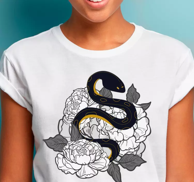 T-shirt personalizada de cobra preta e flor branca - TenStickers