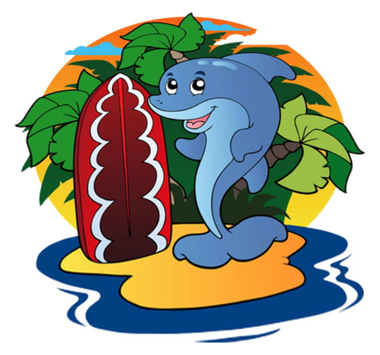 Tapete vinílico criança surfando com golfinho - TenStickers