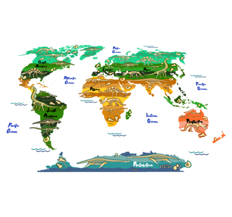 Tapete vinílico de mapa mundial dinossauros em inglês - TenStickers