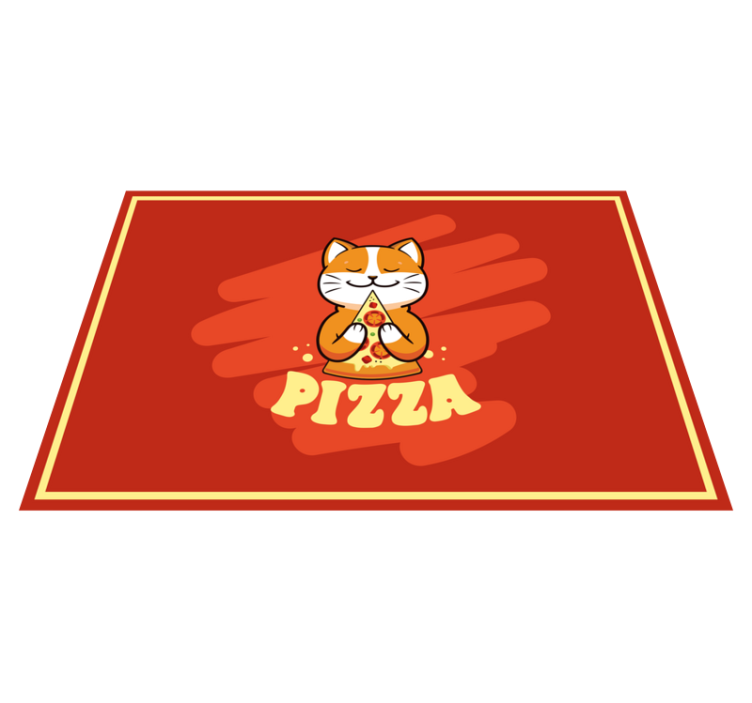 Gato comendo pizza no piso da cozinha - TenStickers