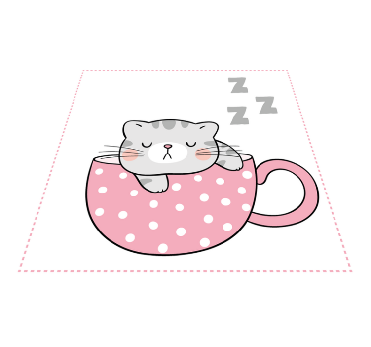 Gato fofo dormindo no tapete de desenho de xícara de café - TenStickers