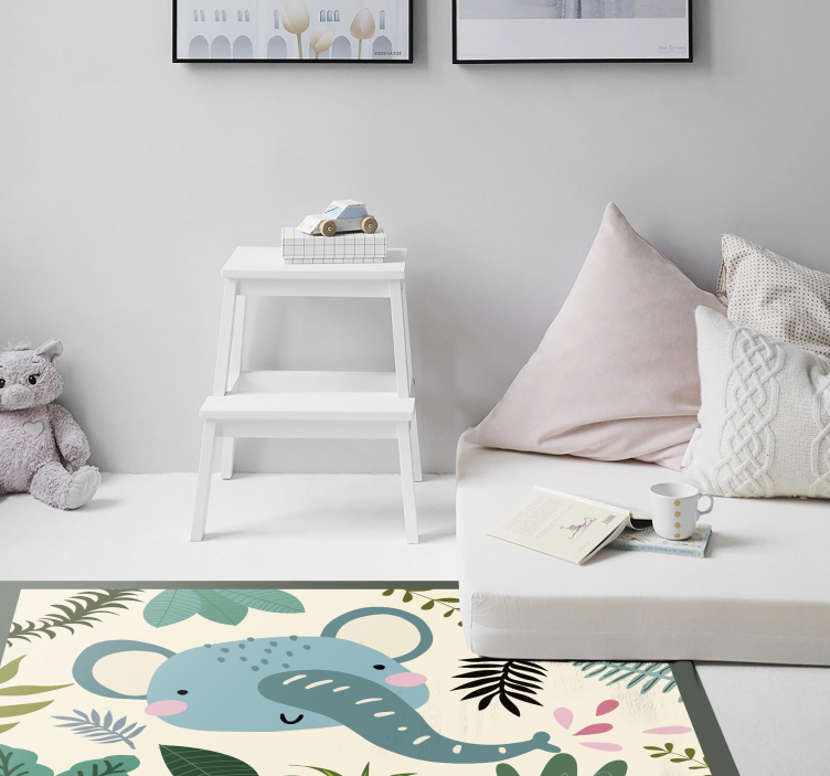 Elefante infantil feliz e plantas tapete de vinil infantil - TenStickers