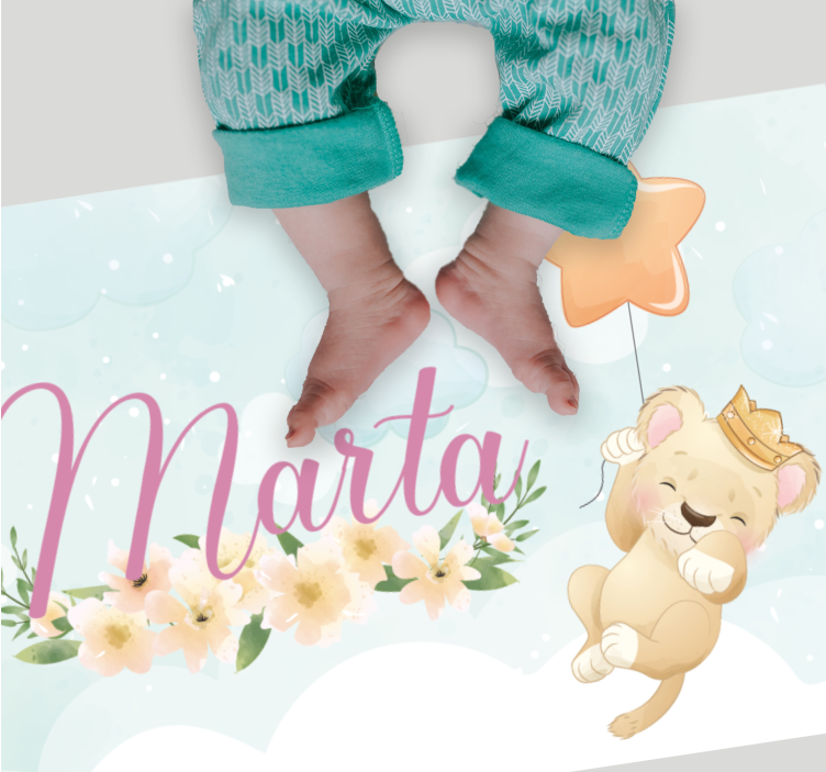 Tapete vinílico para bebés leão com balão de ar e nome - TenStickers