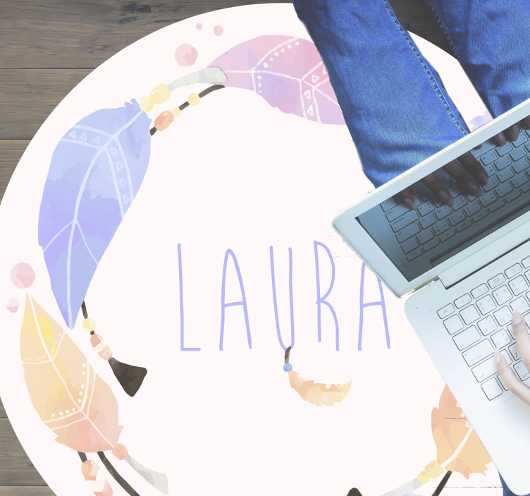 Tapete vinílico com nome círculo de penas personalizado - TenStickers