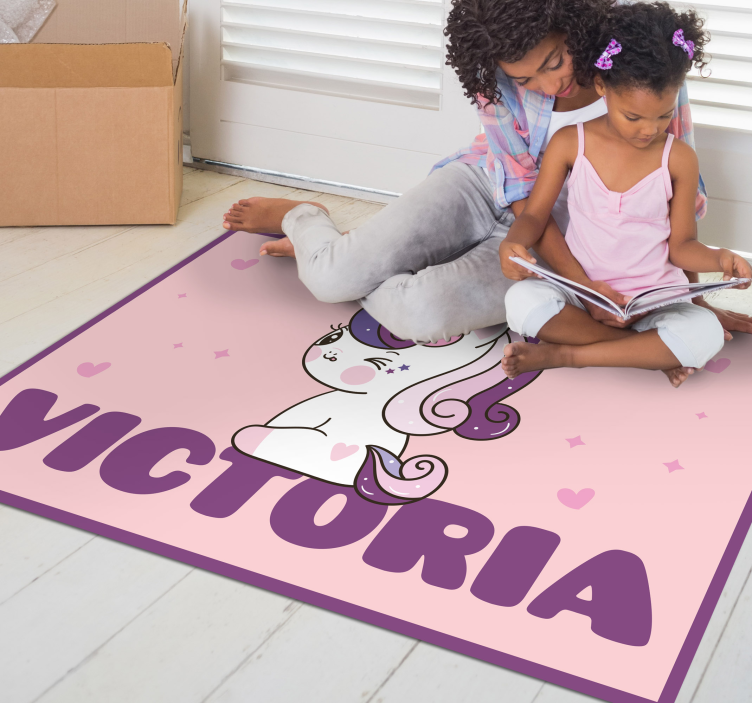 Unicórnio roxo com tapete personalizado com nome - TenStickers