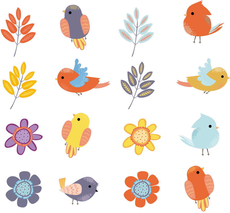 Tapete vinílico flores e plantas com pássaros da primavera - TenStickers