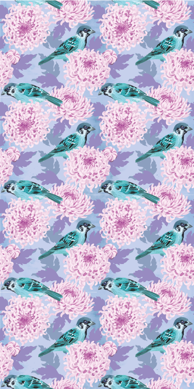 Tapete vinílico flores e plantas jardim rosa com pássaros - TenStickers