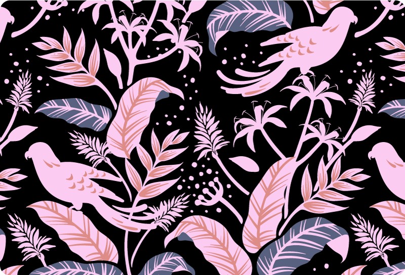 Tapete vinílico flores e plantas pássaros rosa e preto - TenStickers