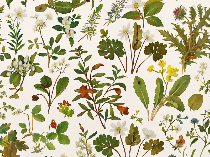 Tapete vinílico quarto com design botânico em fundo branco - TenStickers