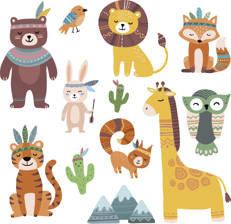 Tapete vinílico criança animais tribais divertidos - TenStickers