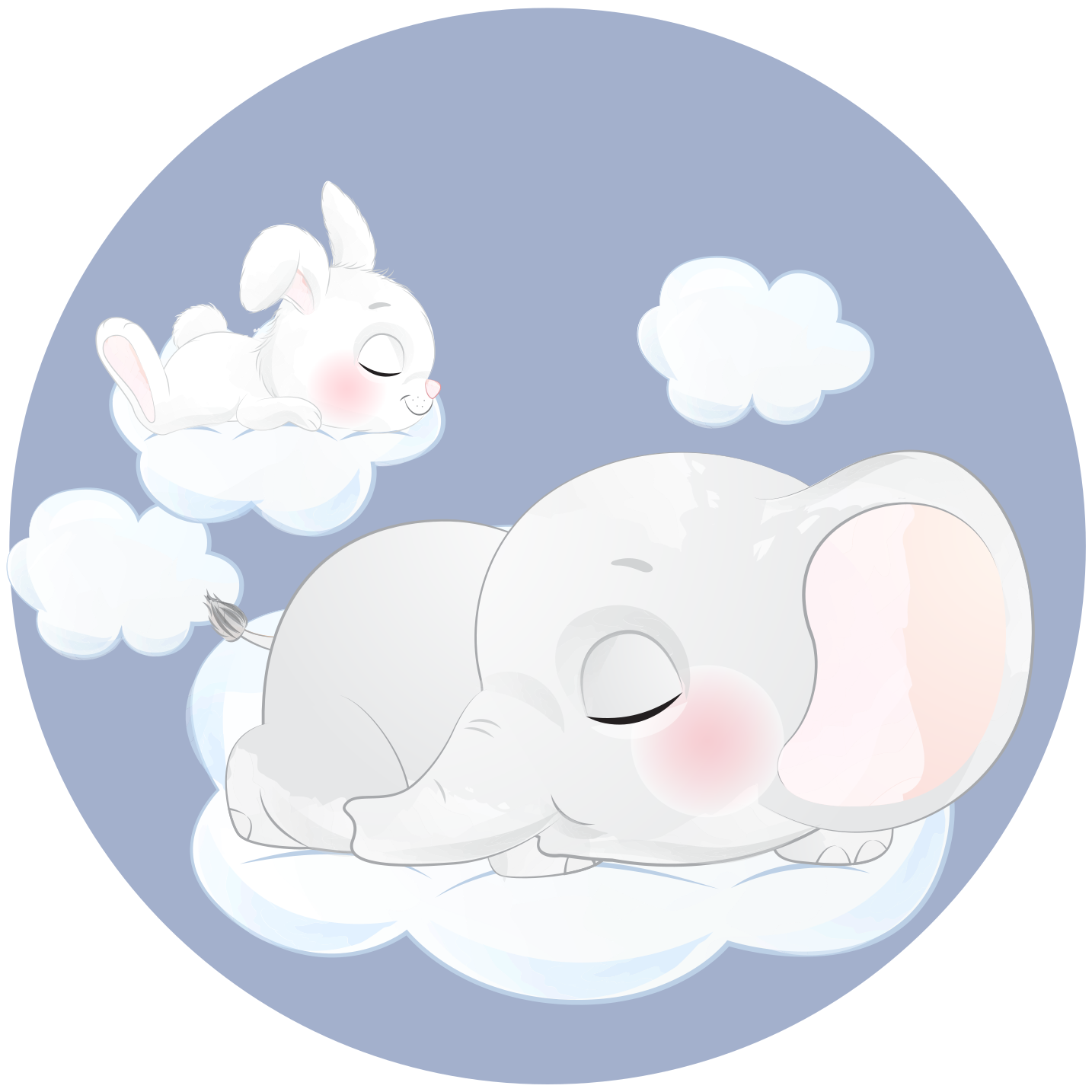 Tapete vinílico criança elefante e coelho dormindo na nuvem - TenStickers