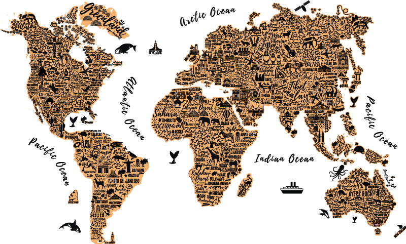 Tapete vinílico de mapa mundial com textos em perfil - TenStickers