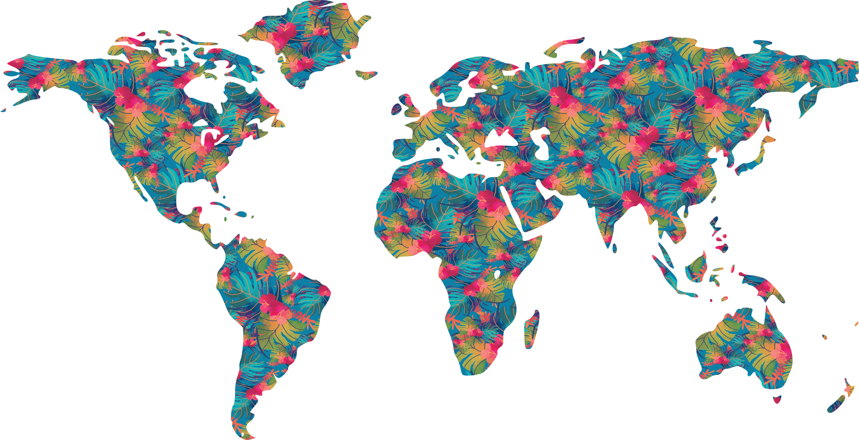 Tapete vinílico de mapa mundial folhas tropicais coloridas - TenStickers