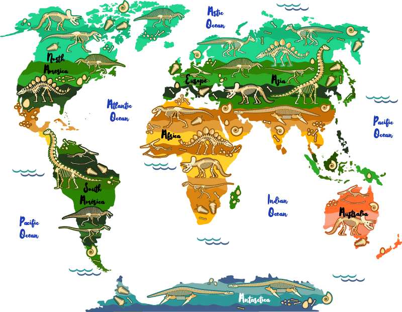 Tapete vinílico de mapa mundial dinossauros em inglês - TenStickers