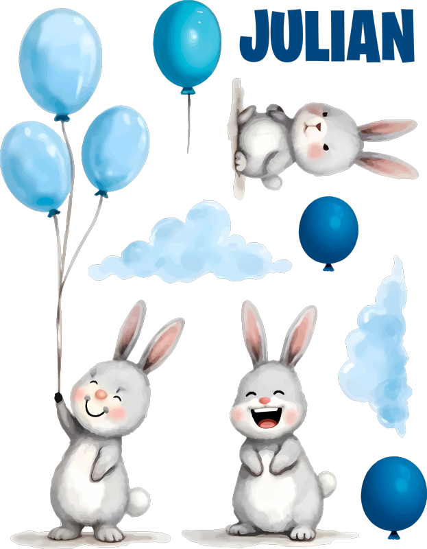 Tapete vinílico criança balões azuis com coelhos - TenStickers
