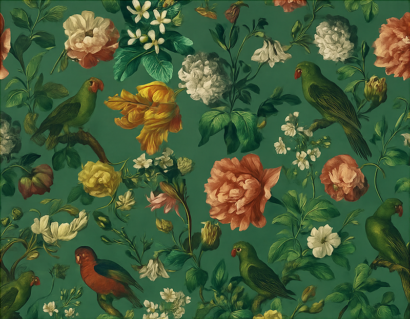 Tapete vinílico quarto flores e pássaros verde escuro - TenStickers