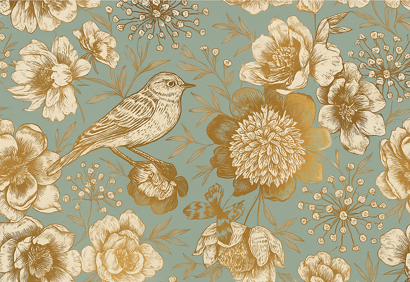 Tapete vinílico quarto fundo cinza com flores douradas - TenStickers