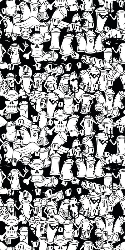 Tapete vinílico quarto latas de spray preto e branco - TenStickers