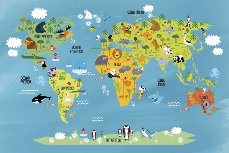 Tapete do vinil infantil mapa mundo animal - TenStickers