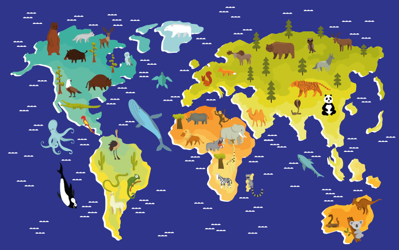 Para crianças com tapete de mapa mundial de flora e fauna - TenStickers