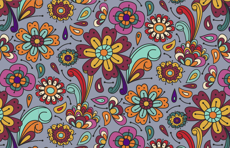 Tapete floral retro dos anos 70 com estampas de flores - TenStickers