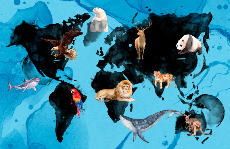 Com terra e tapete de mapa mundial de fauna aquática - TenStickers